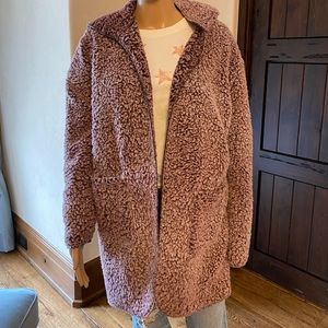 Aria & Clara mauve boucle long cardigan with pockets, size S